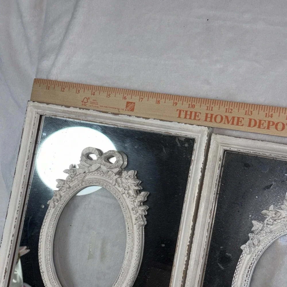 Vintage 70 Shabby Chic Mirror‎ Frame Pair French Country Oval Ribbon Aged Patina